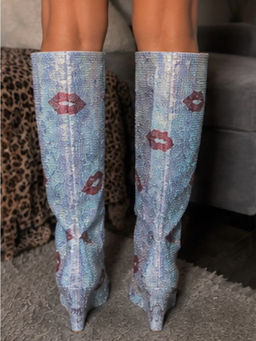 Cape Robbin Iridescent Crystal Over-the-Knee Boots with Red Lip Accents